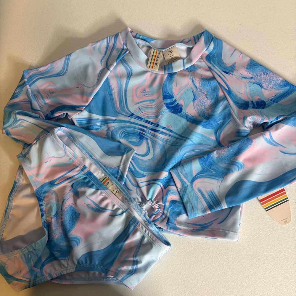 Ocean Pacific Girls 6X Blue‎ Pink Marble Rash Guard Swimsuit Set NEW